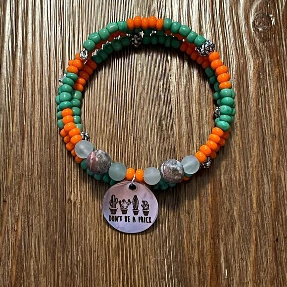 Handmade green beaded wrap bracelet with charm, Don't be a prick bracelet - Picture 5 of 6